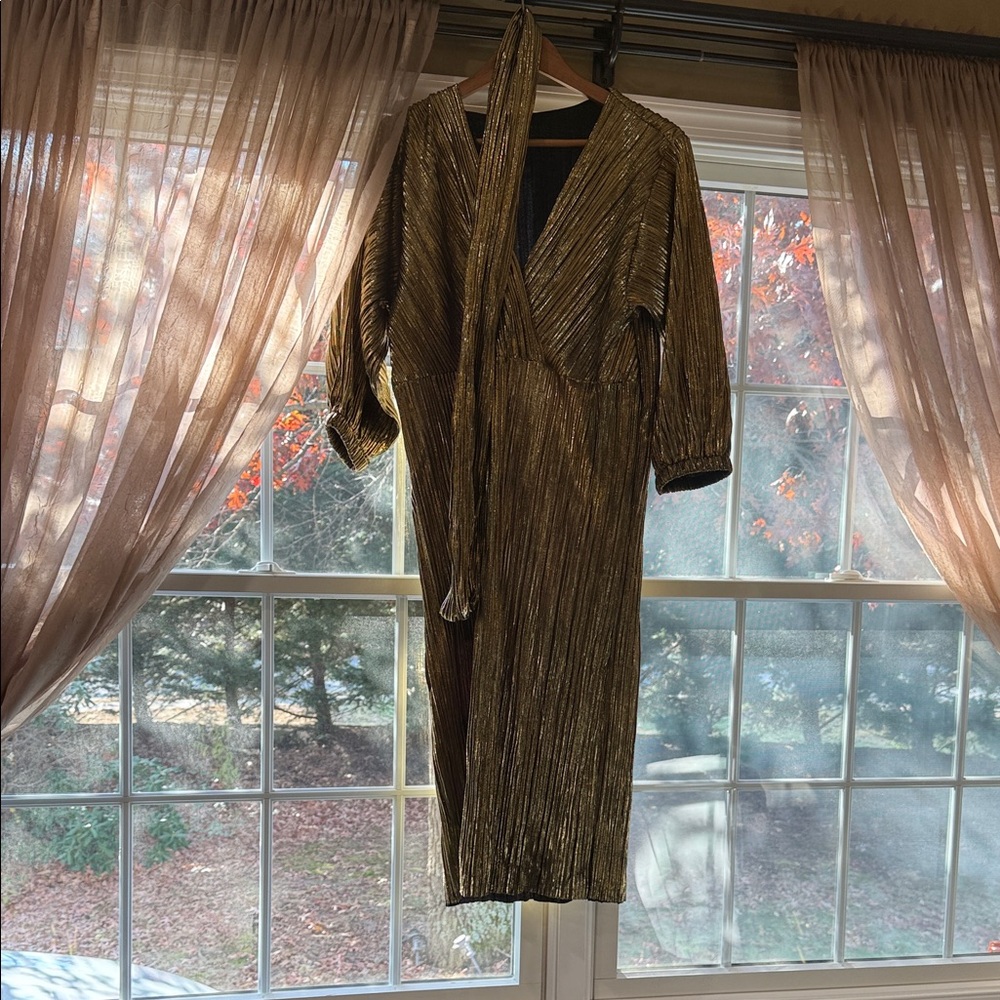 Gold Metallic Dress with Deep V-Neck
